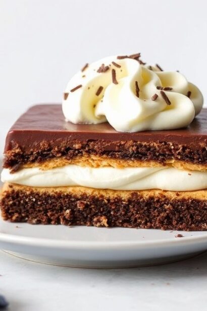 No-bake éclair cake layered with chocolate cream and graham crackers, ready to serve.