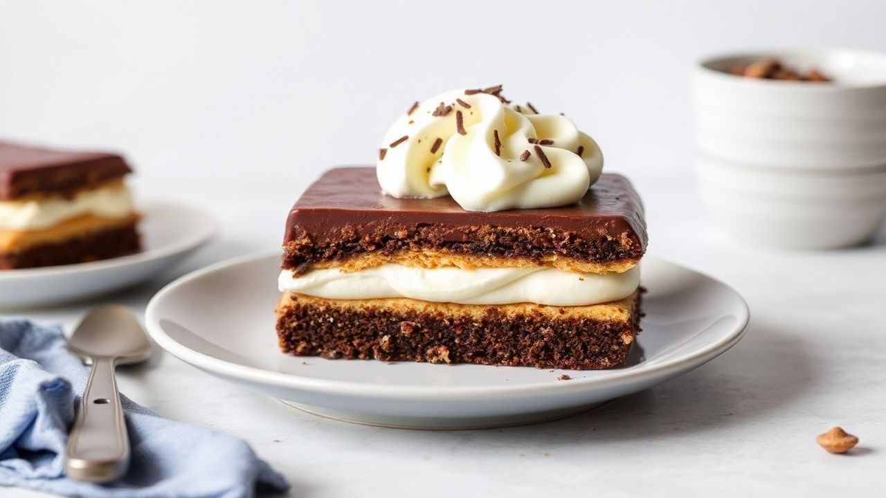 No-bake éclair cake layered with chocolate cream and graham crackers, ready to serve.