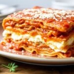 Homemade lasagna layered with ricotta, pasta sheets, and marinara in a baking dish.