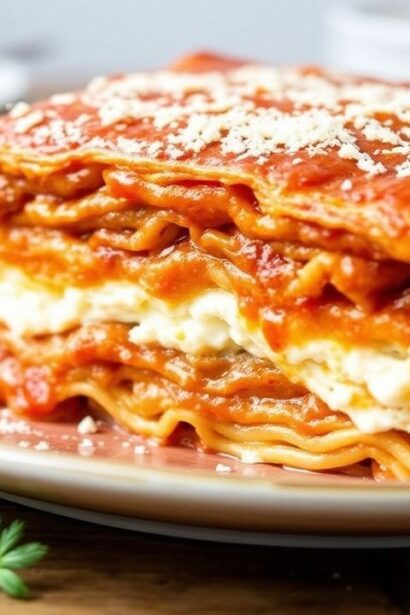 Homemade lasagna layered with ricotta, pasta sheets, and marinara in a baking dish.