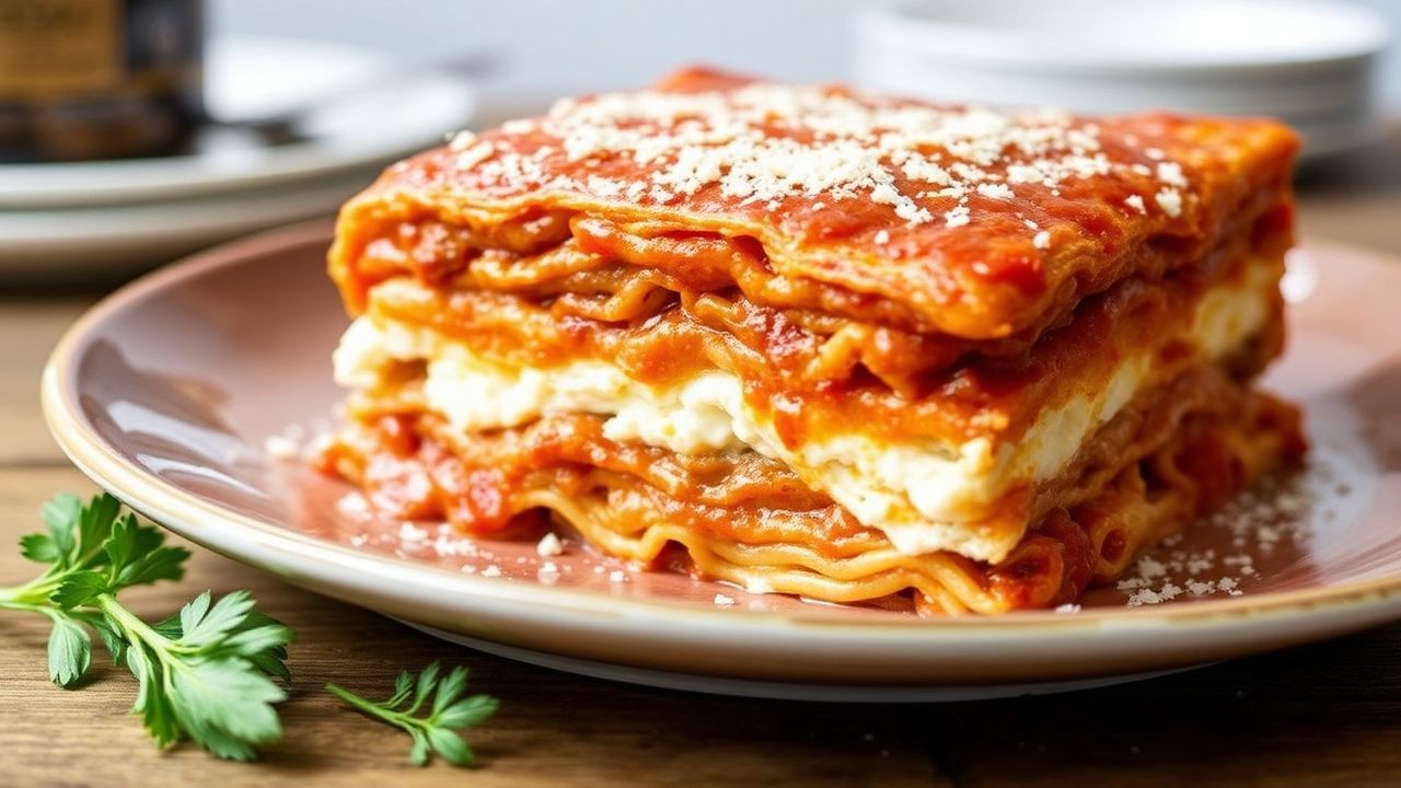 Homemade lasagna layered with ricotta, pasta sheets, and marinara in a baking dish.