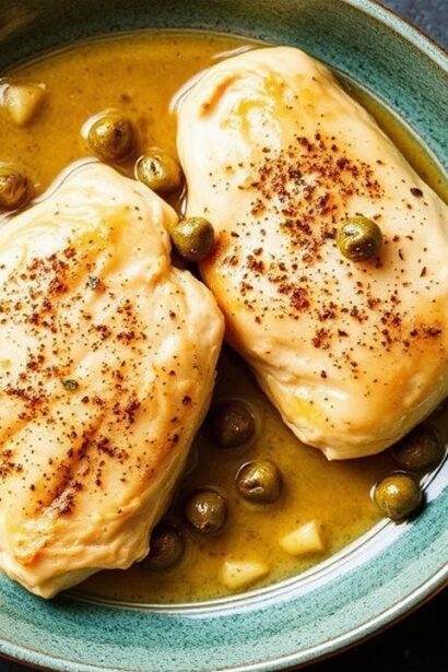 Skillet chicken piccata in a bright lemon caper sauce, fresh herbs over a sizzling skillet.