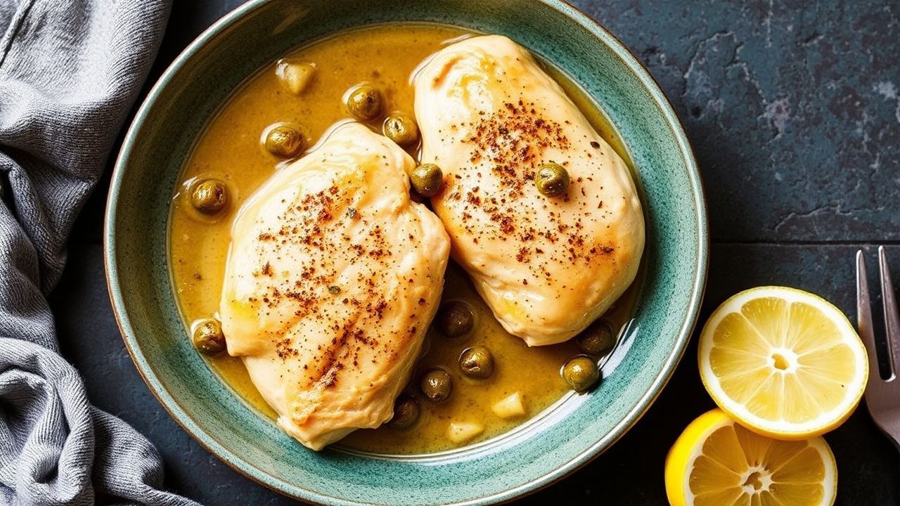 Skillet chicken piccata in a bright lemon caper sauce, fresh herbs over a sizzling skillet.