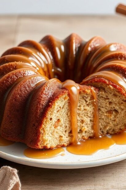 كعكة بندت الخريفية بجوزة التفاح والقرفة مع صوص القيقب اللامع، لقطة دافئة.