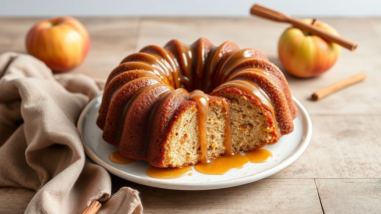 كعكة بندت الخريفية بجوزة التفاح والقرفة مع صوص القيقب اللامع، لقطة دافئة.