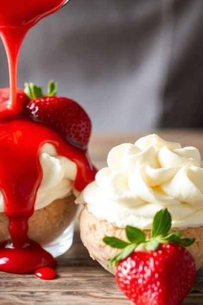 صوص فراولة منزلي غني لذيذ فوق الآيس كريم، مع لمسة كراميل وحلاوة مثالية.