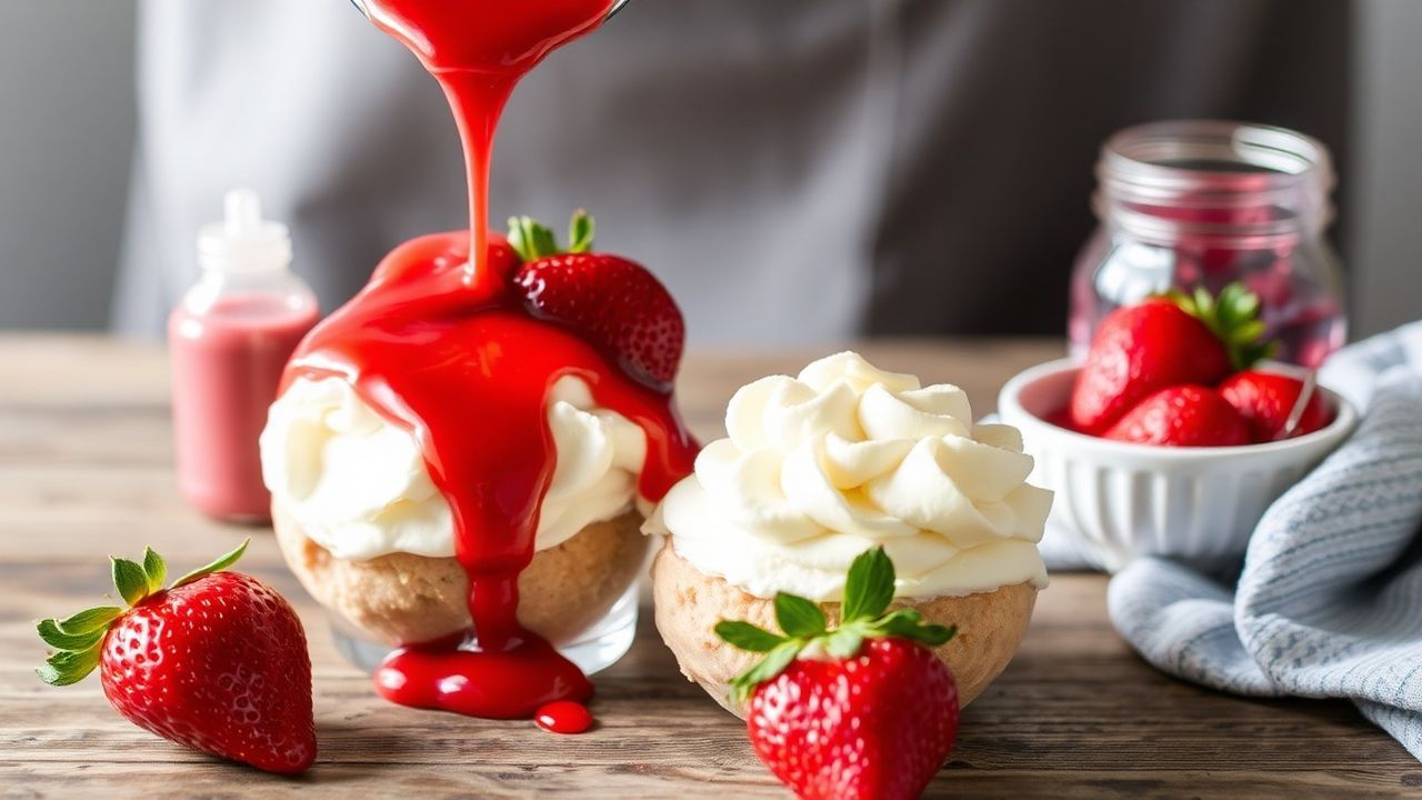 صوص فراولة منزلي غني لذيذ فوق الآيس كريم، مع لمسة كراميل وحلاوة مثالية.