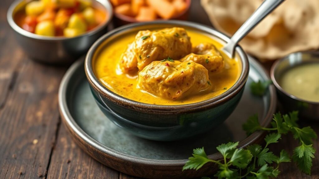 صحن بوتّر تشيكن هندي كريمي مع قطع دجاج ونان يغمس في صلصة غنية