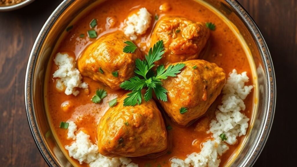 صحن دجاج بالزبدة الهندي الكريمي مع أرز وخبز