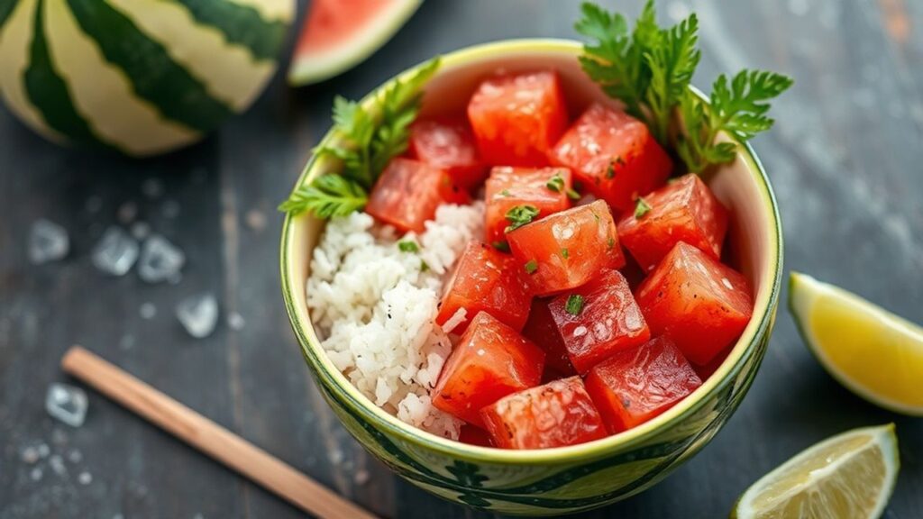 Watermelon poke bowls ingredients and finished bowl inspiration
