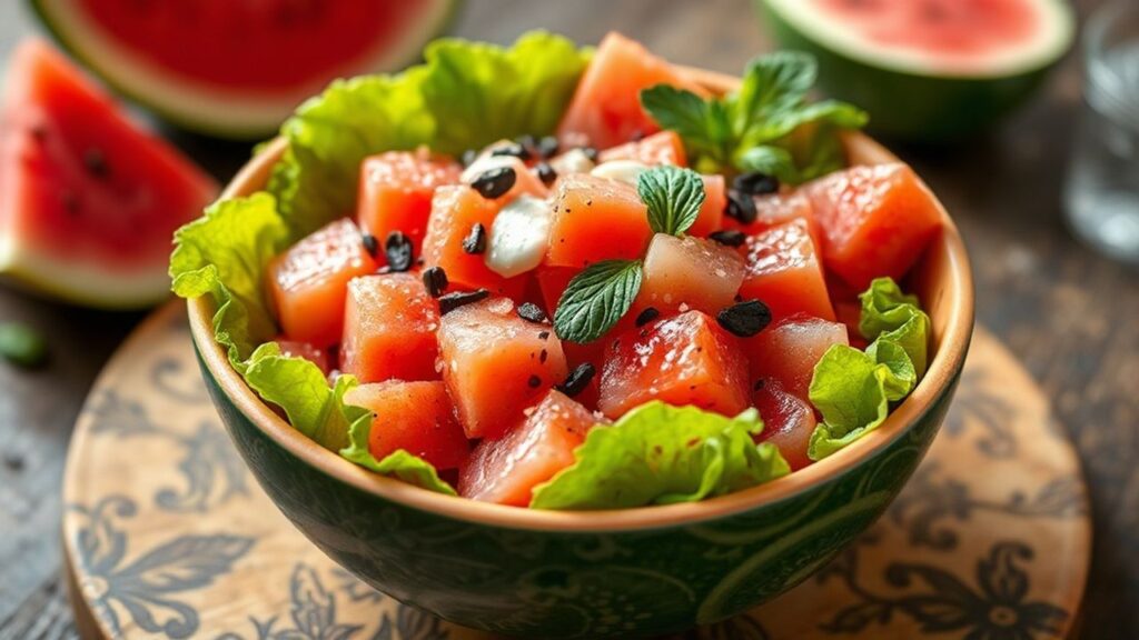 Finished watermelon poke bowl close-up