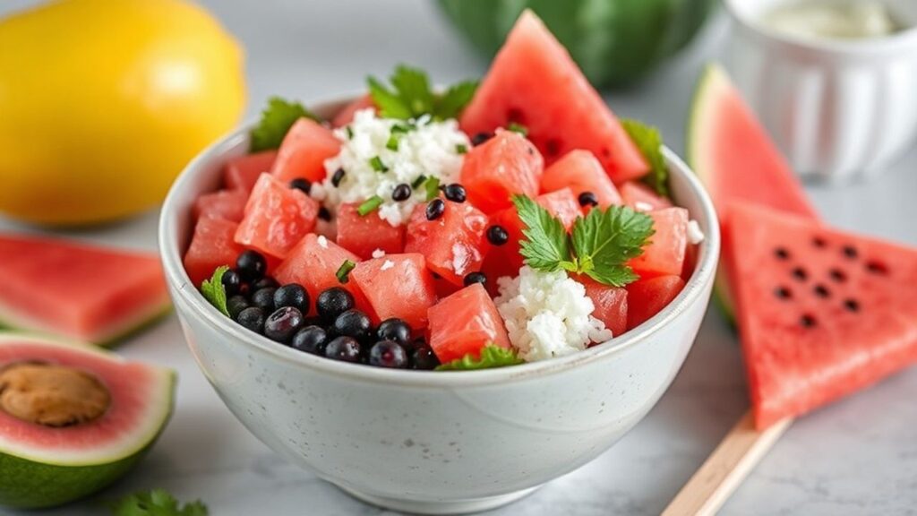 Watermelon poke bowls served ready to eat