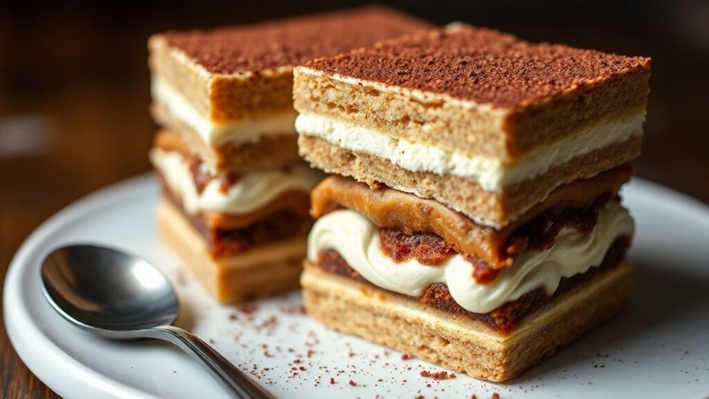 Vietnamese Coffee Tiramisu plated with cocoa dust