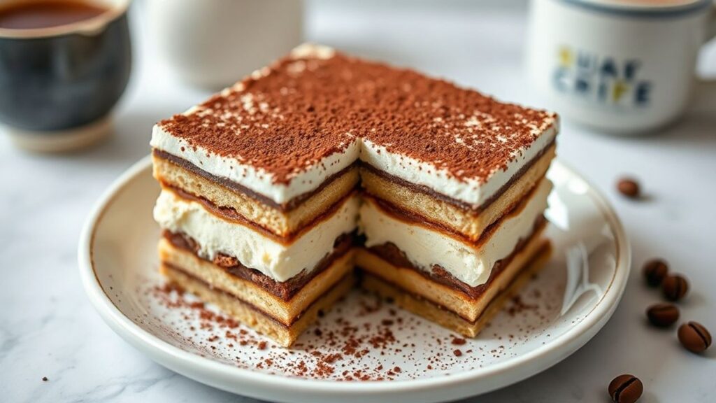 Close-up of layered Vietnamese Coffee Tiramisu texture