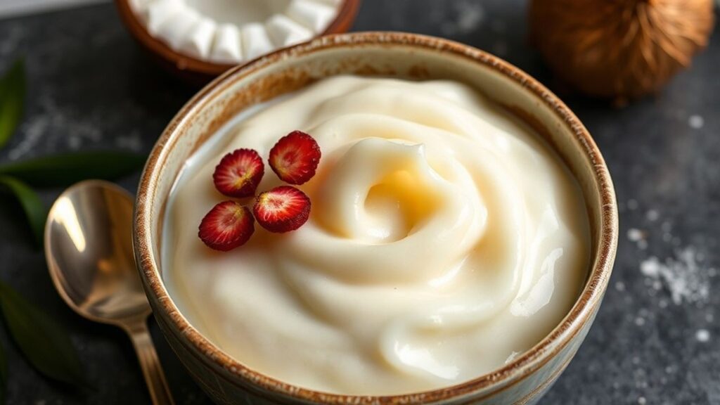 Creamy taro pudding in a bowl topped with coconut flakes and tropical garnish