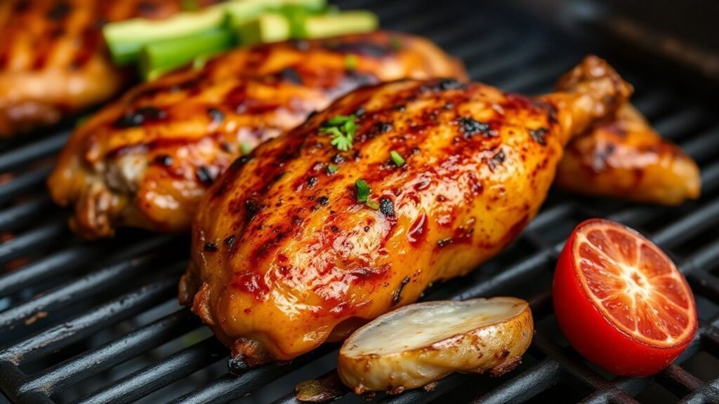 Huli Huli chicken glazed during basting over smoky open-flame grill