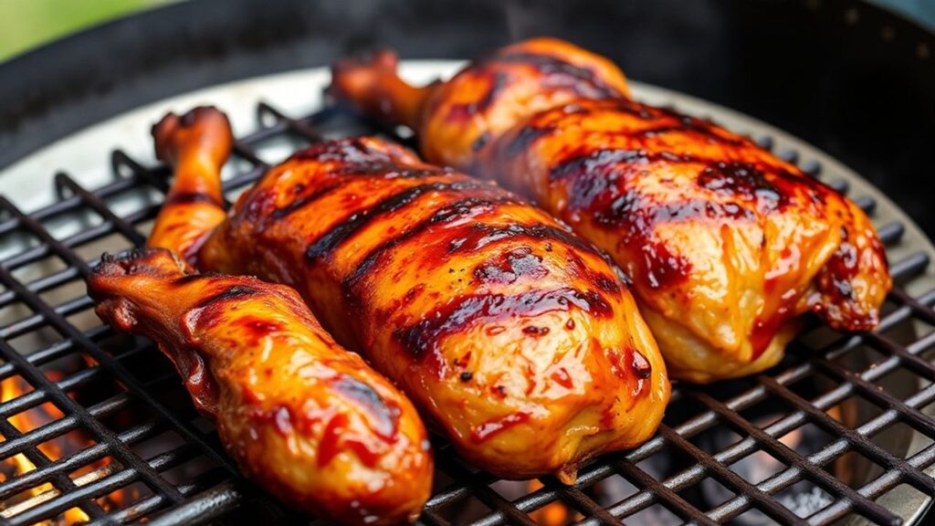 Huli Huli chicken sizzling over open flame under swaying palm trees