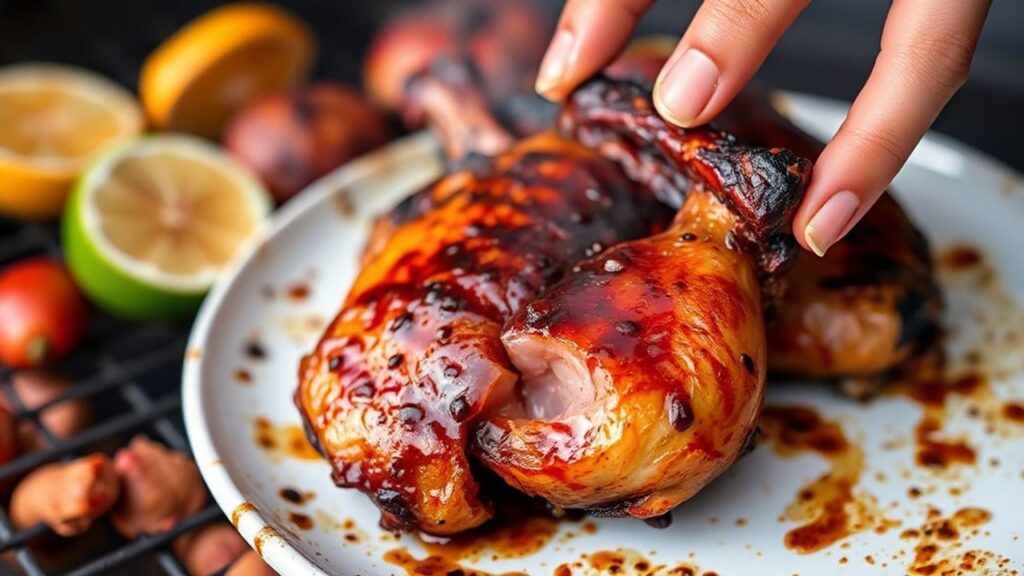 Huli Huli chicken sizzling over open flame under swaying palm trees