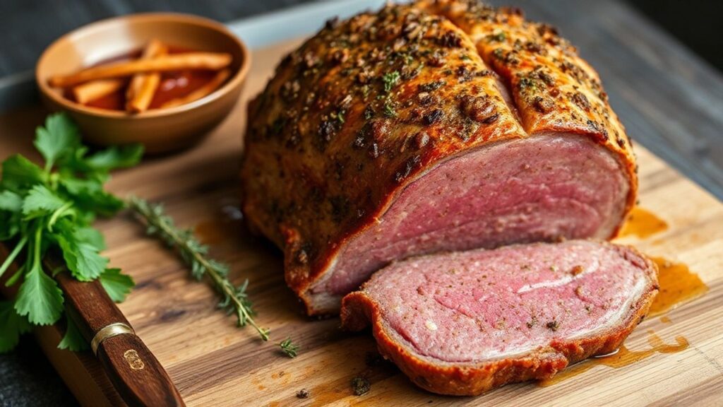 Beef porchetta sliced on wooden board, crispy skin and herb-studded roast.