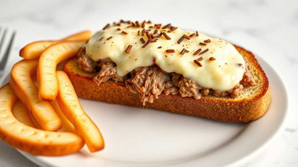 توست مغطّى بكريمة وقطع لحم بقري جافة تقليدية، وجبة مريحة ودافئة