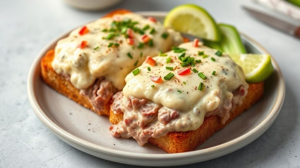 توست مغطى بصلصة كريمية ولحم بيف مقطع، طبق مريح كلاسيكي
