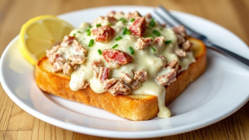 توست مغطى بصلصة كريمية ولحم بيف مقطع، طبق مريح كلاسيكي