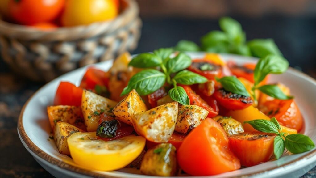 Hearty rustic ratatouille in a ceramic dish with colorful summer vegetables.