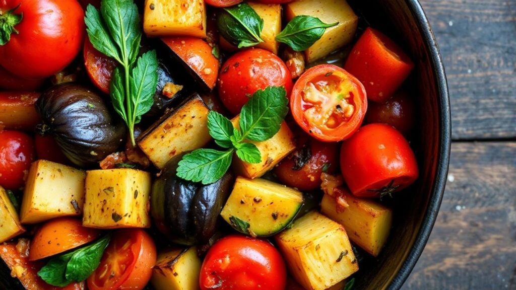 Sizzling layered ratatouille of zucchini, eggplant, tomatoes and herbs on a rustic plate