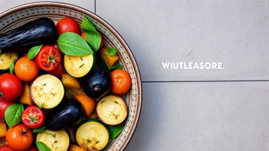 Sizzling layered ratatouille of zucchini, eggplant, tomatoes and herbs on a rustic plate