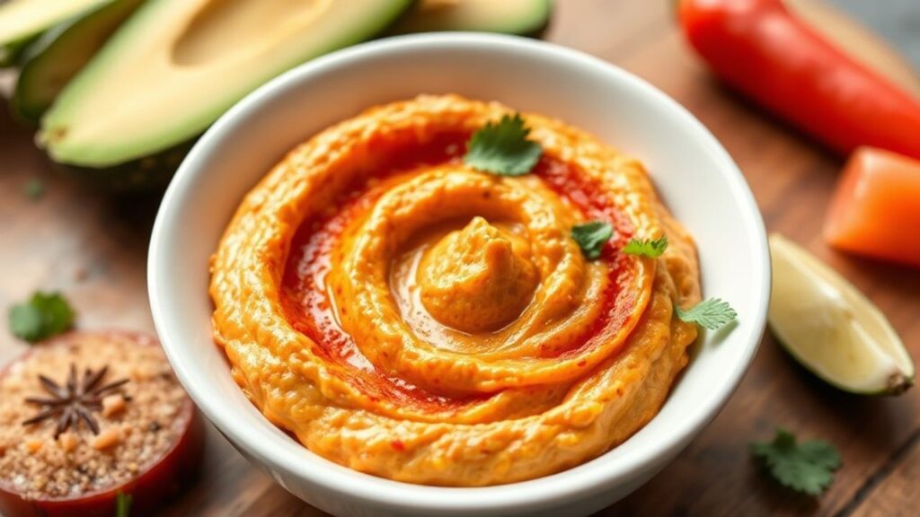 Creamy Pepper hummus in bowl topped with olive oil, paprika, and toasted pita slices