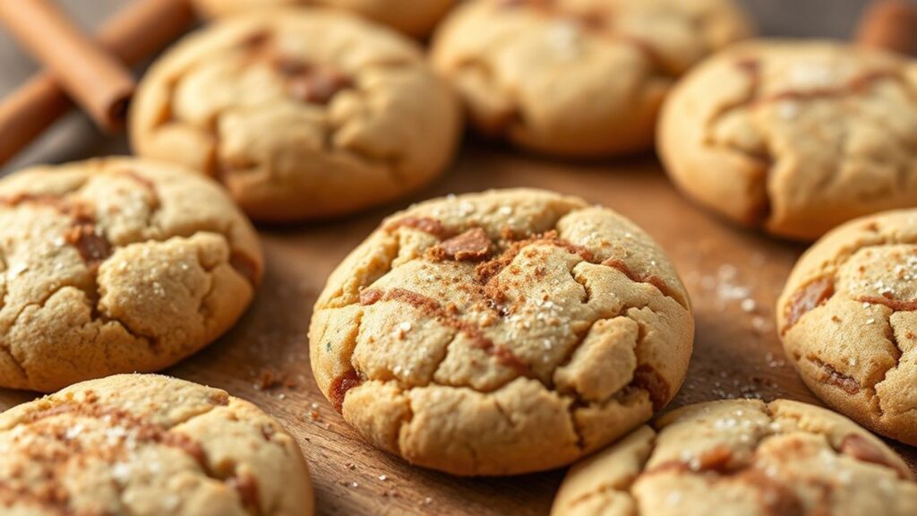 Warm Snickerdoodle Cookies with cracked cinnamon-sugar tops on parchment-lined tray