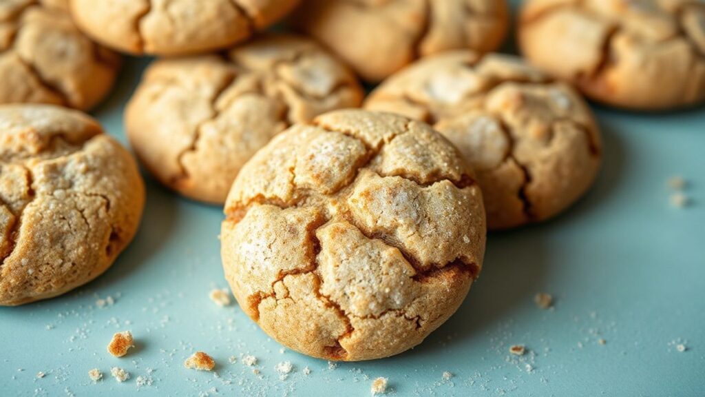 Close-up of golden Snickerdoodle Cookies dusted with cinnamon-sugar on parchment.