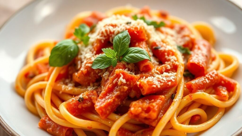 Penne Arrabbiata with tomato sauce, red pepper flakes, grated cheese and basil