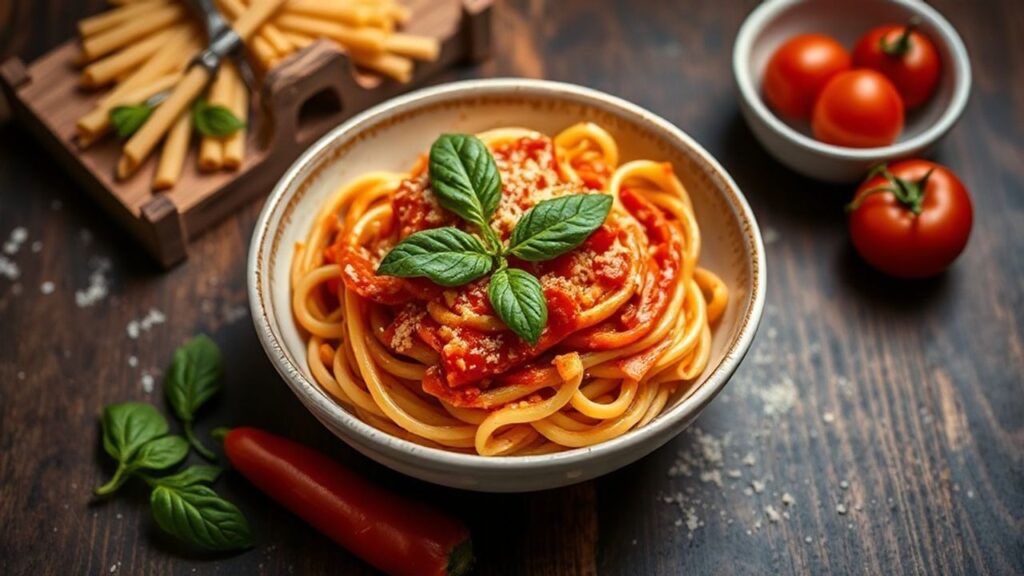 Spicy penne all'arrabbiata with tomato sauce and basil