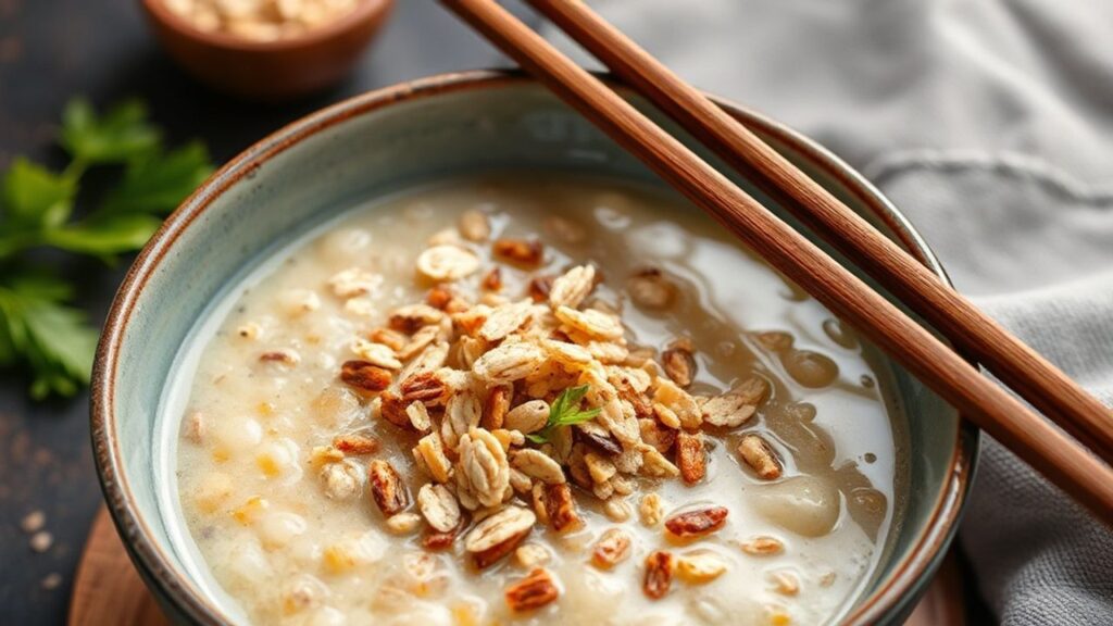 Savory congee with crunchy oatmeal topping in an inspired kitchen