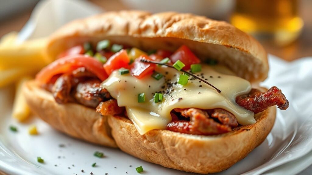 Philly cheesesteak with melted cheese and sliced ribeye