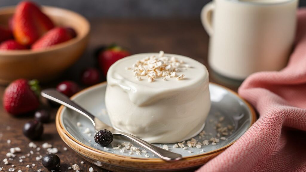 Junket dessert in a glass with a spoon, showing a smooth curd set