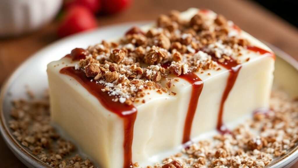 Junket dessert plated with berries and a nutmeg dusting