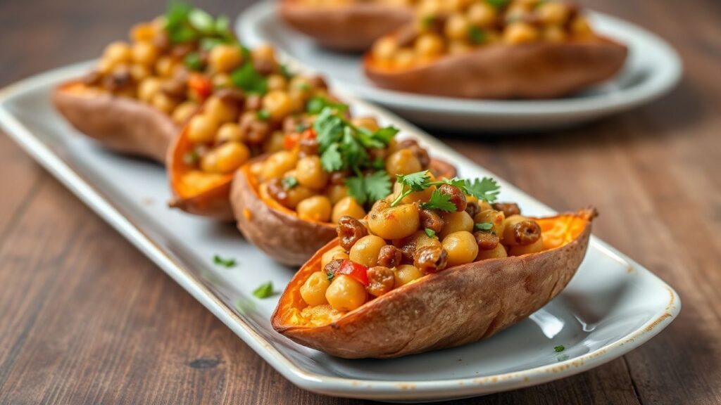 Spicy buffalo chickpea stuffed sweet potatoes with bright flavor and hearty texture.