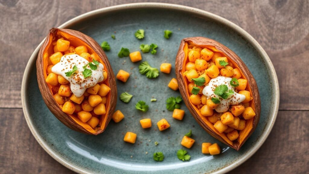 Stuffed sweet potatoes with spicy buffalo chickpea filling and creamy topping.