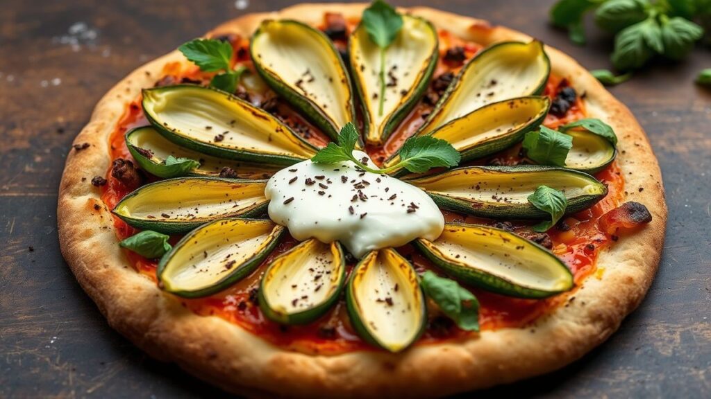 Zucchini blossoms on a pizza with creamy burrata
