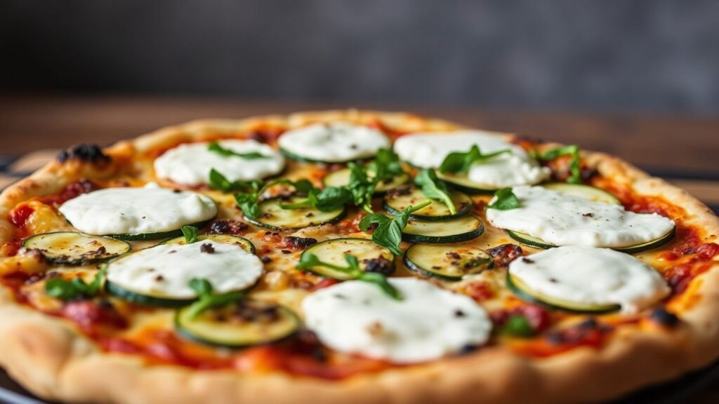 Fresh spring zucchini blossoms topped with creamy burrata pizza