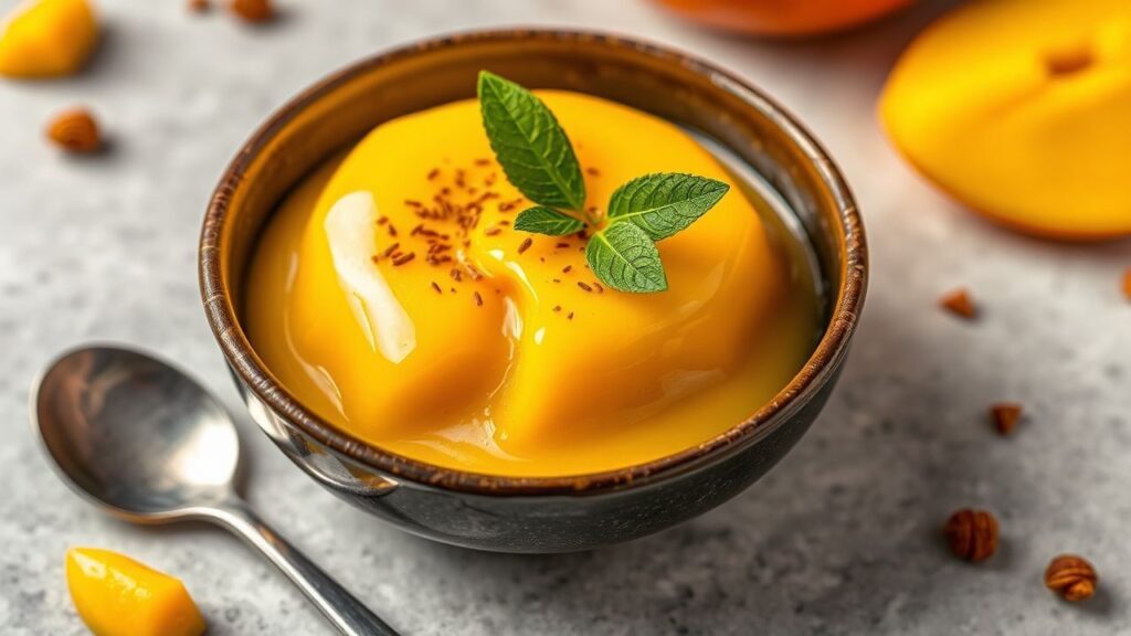 طبق بودينغ المانجو الحريري على طاولة، مذاق عربي آسِر من المكونات البسيطة، تجربة لا تُنسى.