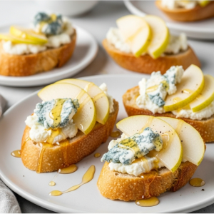 Sweet & Savory Asian Pear Gorgonzola Crostini with Honey Drizzle