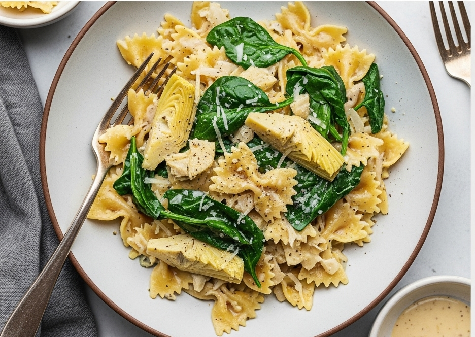 Creamy Spinach & Artichoke Farfalle in Parmesan Sauce