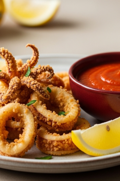 Crispy Fried Calamari Paired with Zesty Spicy Marinara Delight