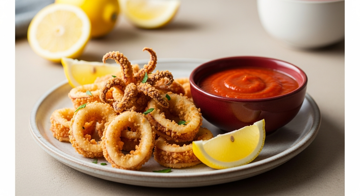 Crispy Fried Calamari Paired with Zesty Spicy Marinara Delight