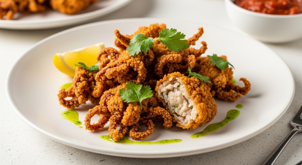 Crispy Fried Calamari Paired with Zesty Spicy Marinara Delight 