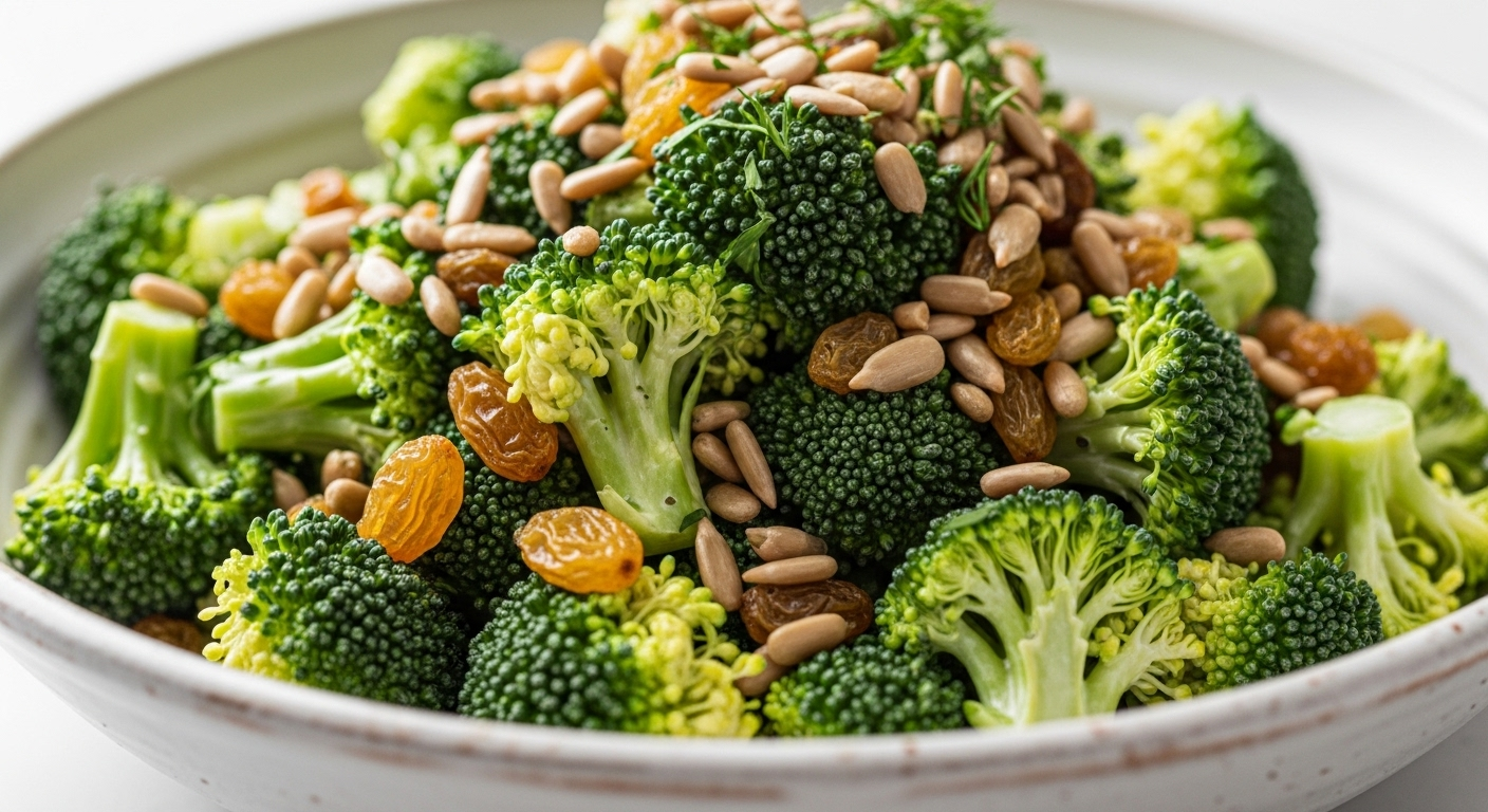 Irresistible Crunchy Broccoli Salad with Sweet Raisins & Sunflower Seeds