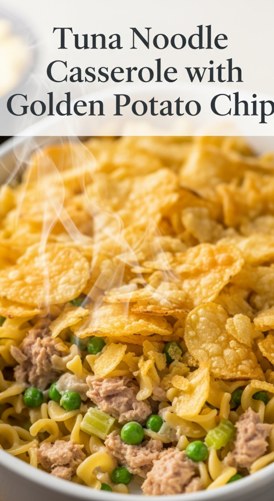 Delicious and Crunchy Tuna Noodle Casserole with Golden Potato Chip Topping